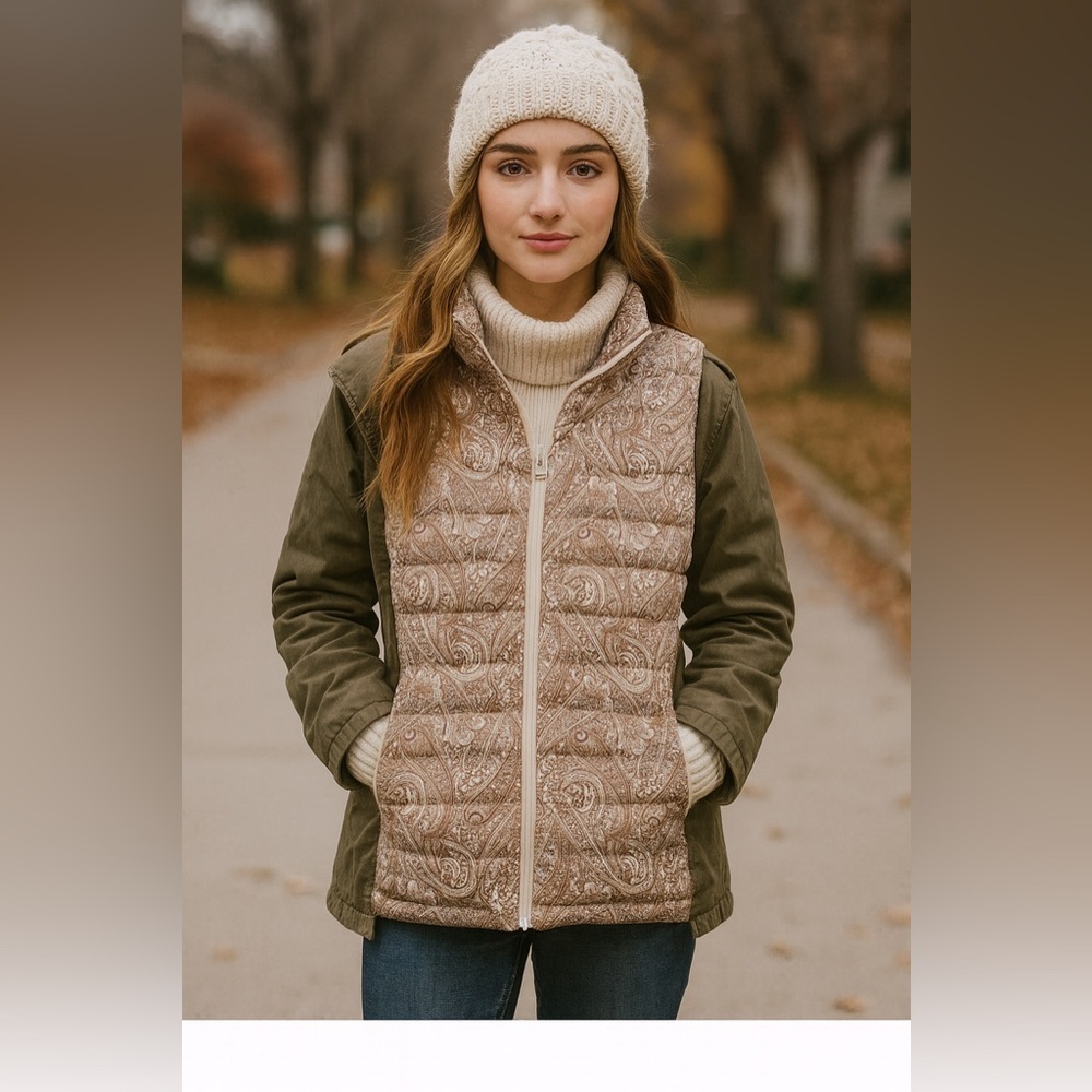 Lands’ End Paisley Quilted Puffer Vest XS | NWOT Zip Front Layering